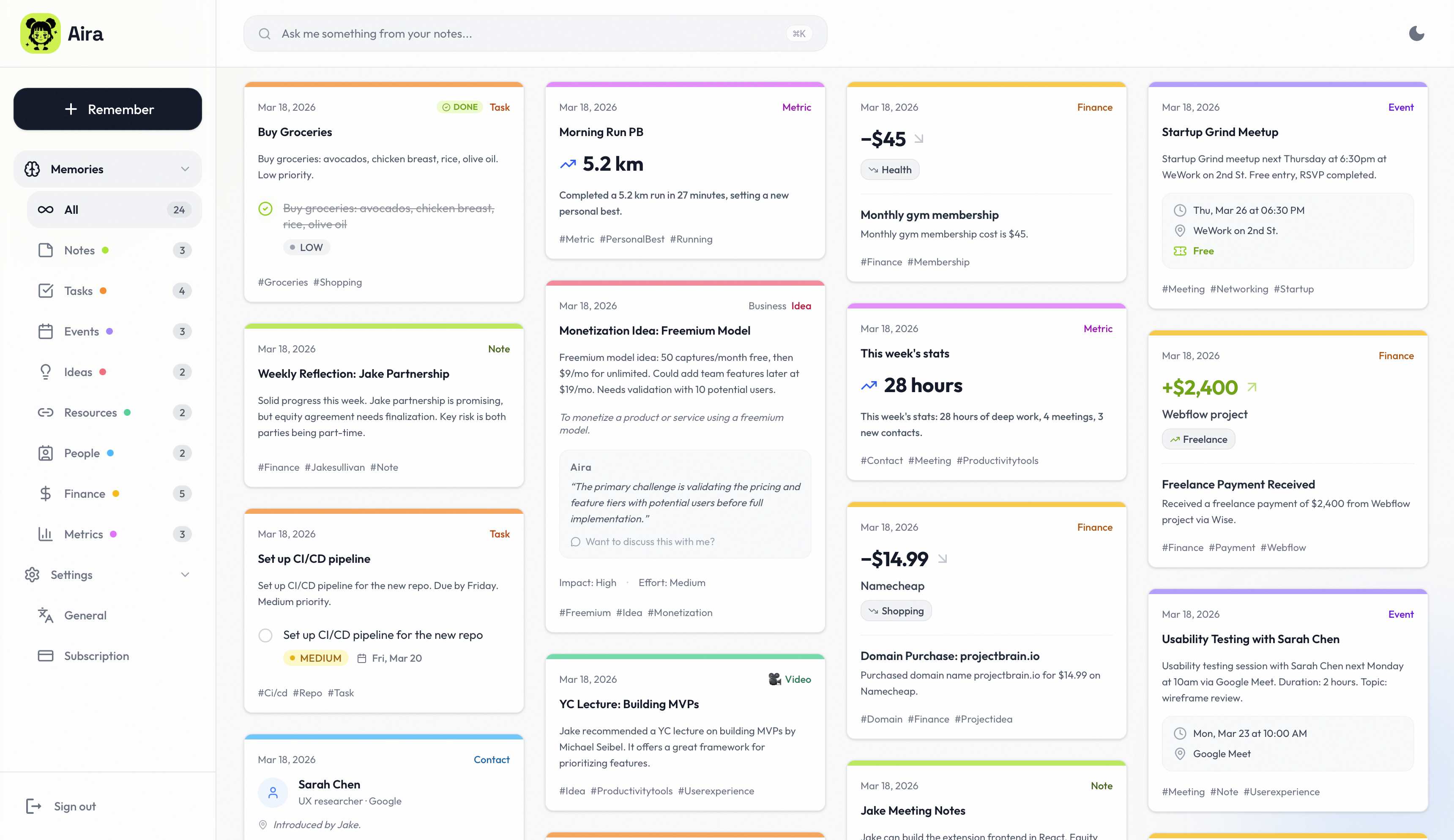 Aira Dashboard showing organized memory cards - contacts, events, tasks, finances, ideas, metrics - all auto-categorized from simple messages